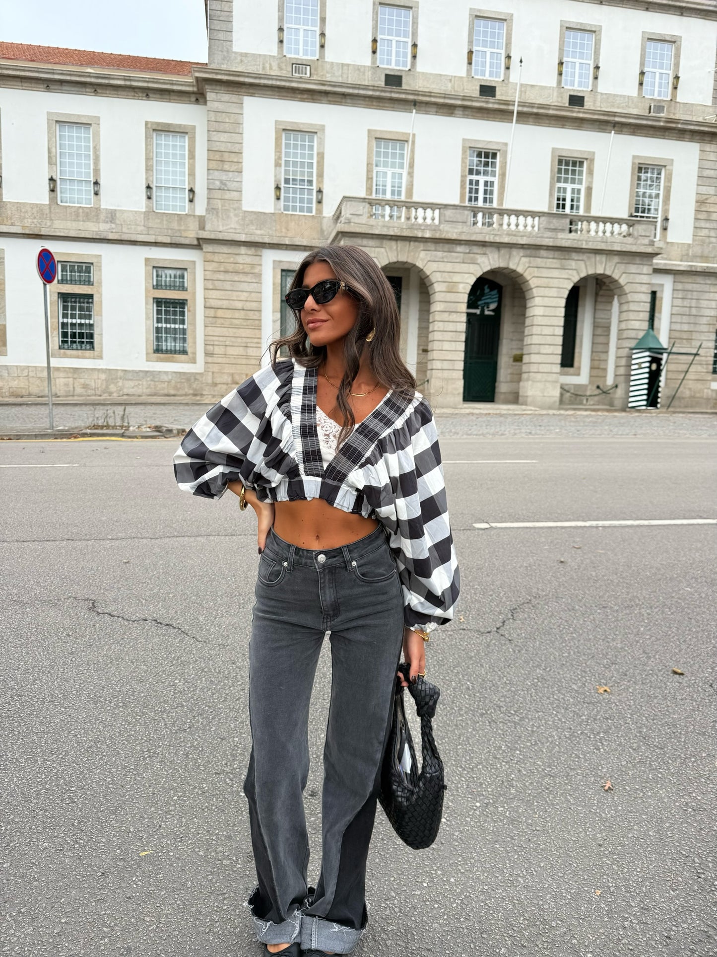 Black & White Vichy Crop Top with Balloon Sleeves