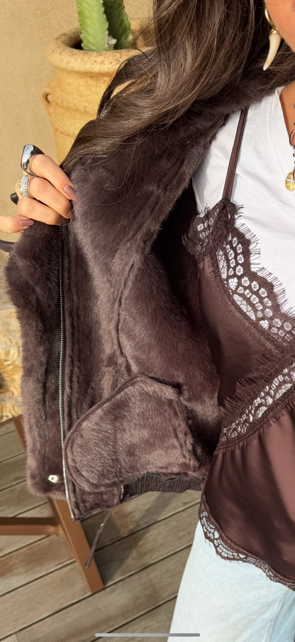 Chocolate Faux Fur Lined Aviator Jacket
