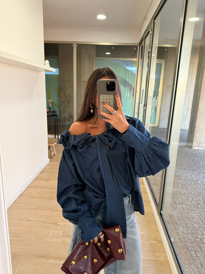 Soft Denim Ruffled Bow Blouse
