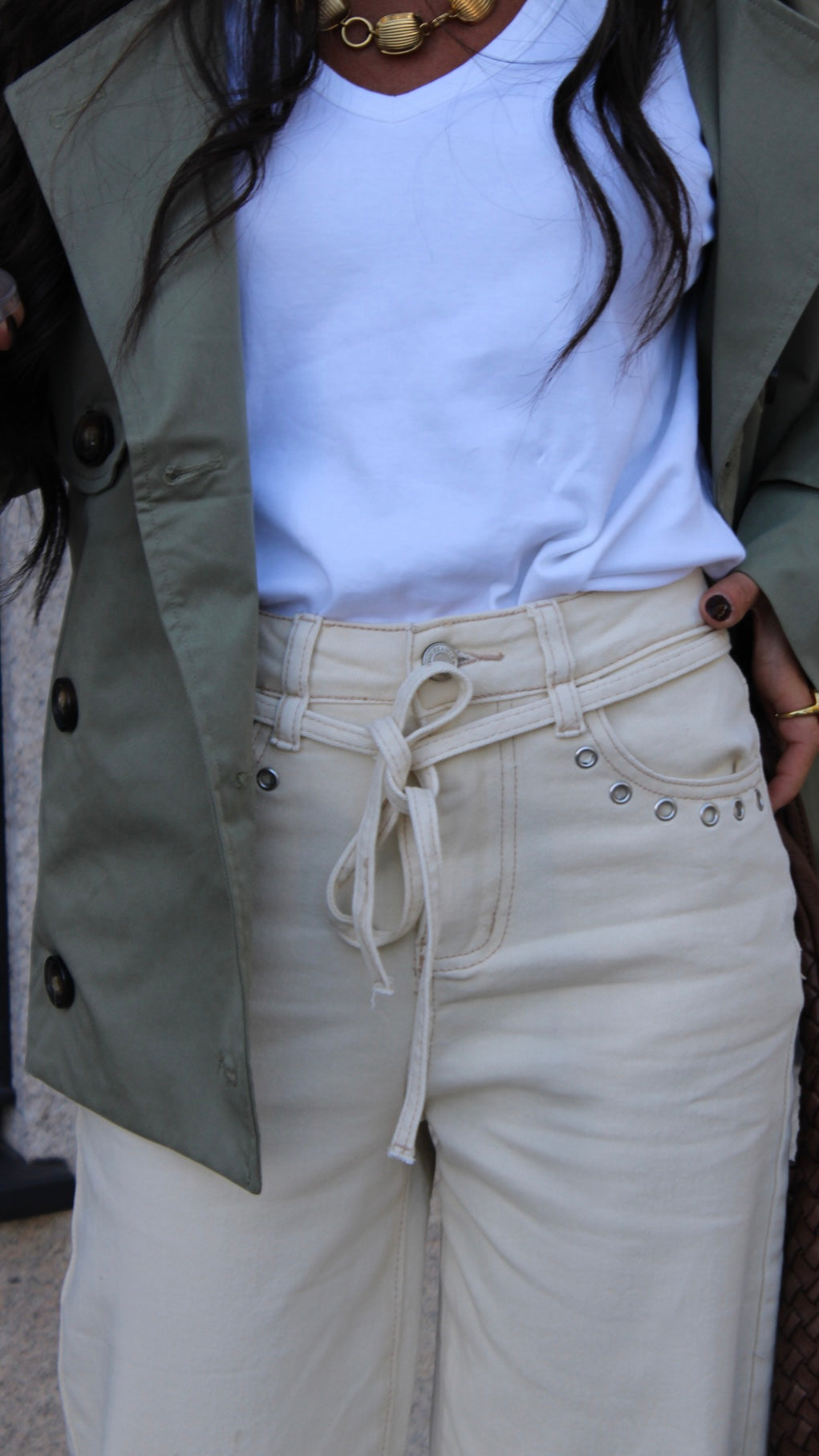 Cream Denim Pants with Eyelet Detail