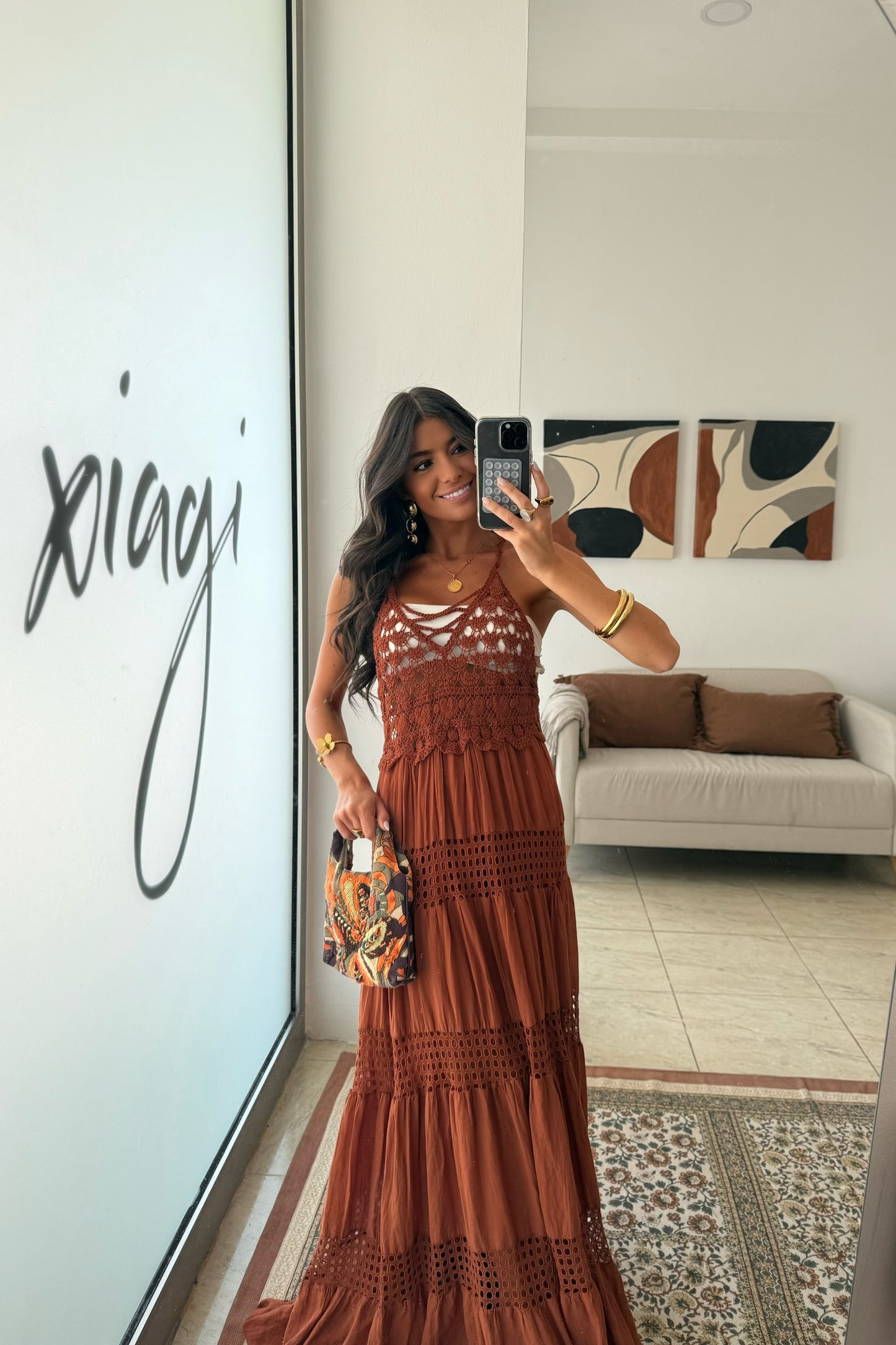 Crochet Trim Maxi Dress in Terracotta