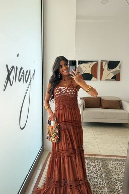 Crochet Trim Maxi Dress in Terracotta