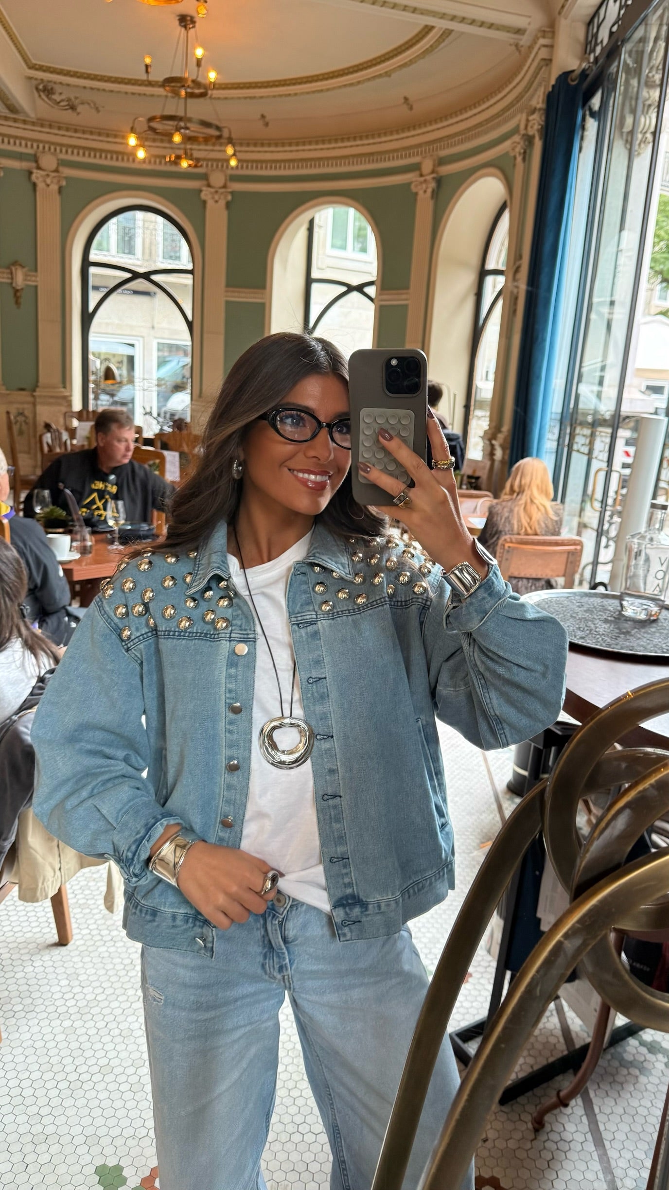 Soft Blue Denim Jacket with Bold Studs