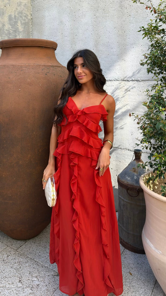 Scarlet Ruffle Maxi Dress