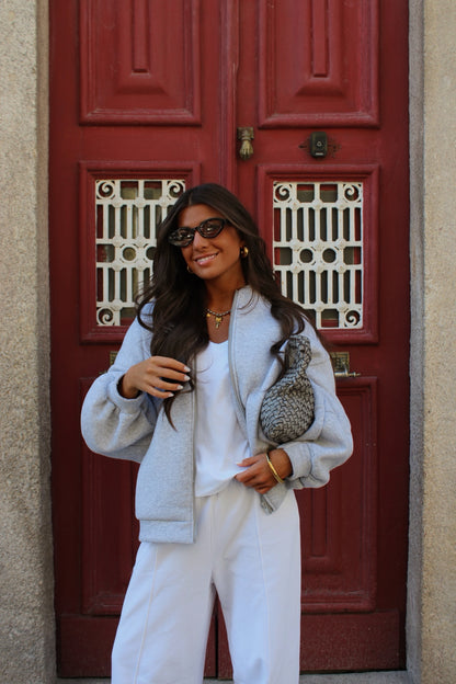 Love Back Bomber Jacket in Grey & Beige