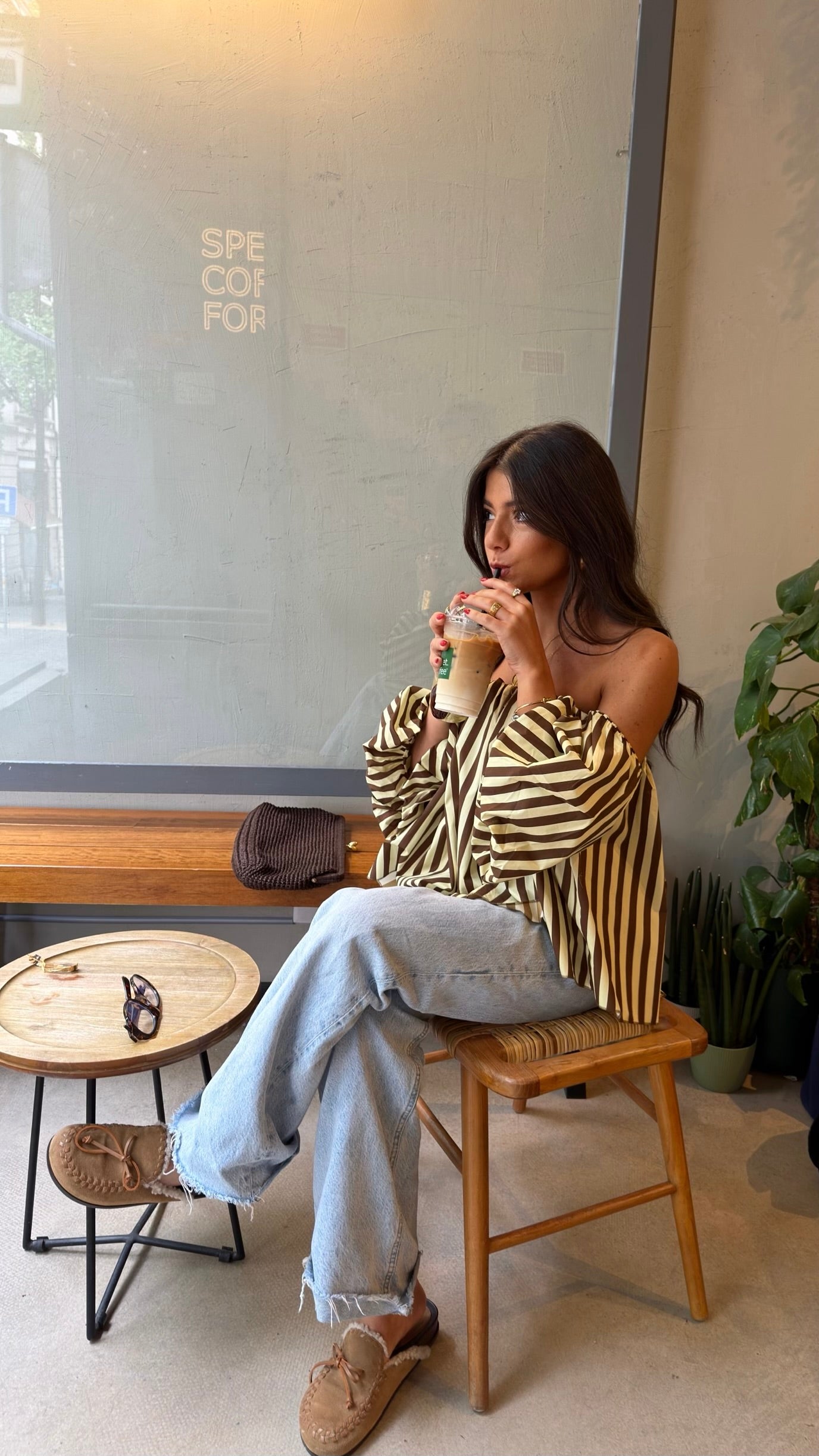 Honey & Mocha Striped Off-Shoulder Top