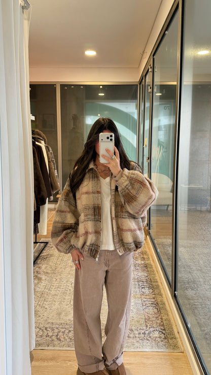 Plaid Wool-Blend Bomber Jacket