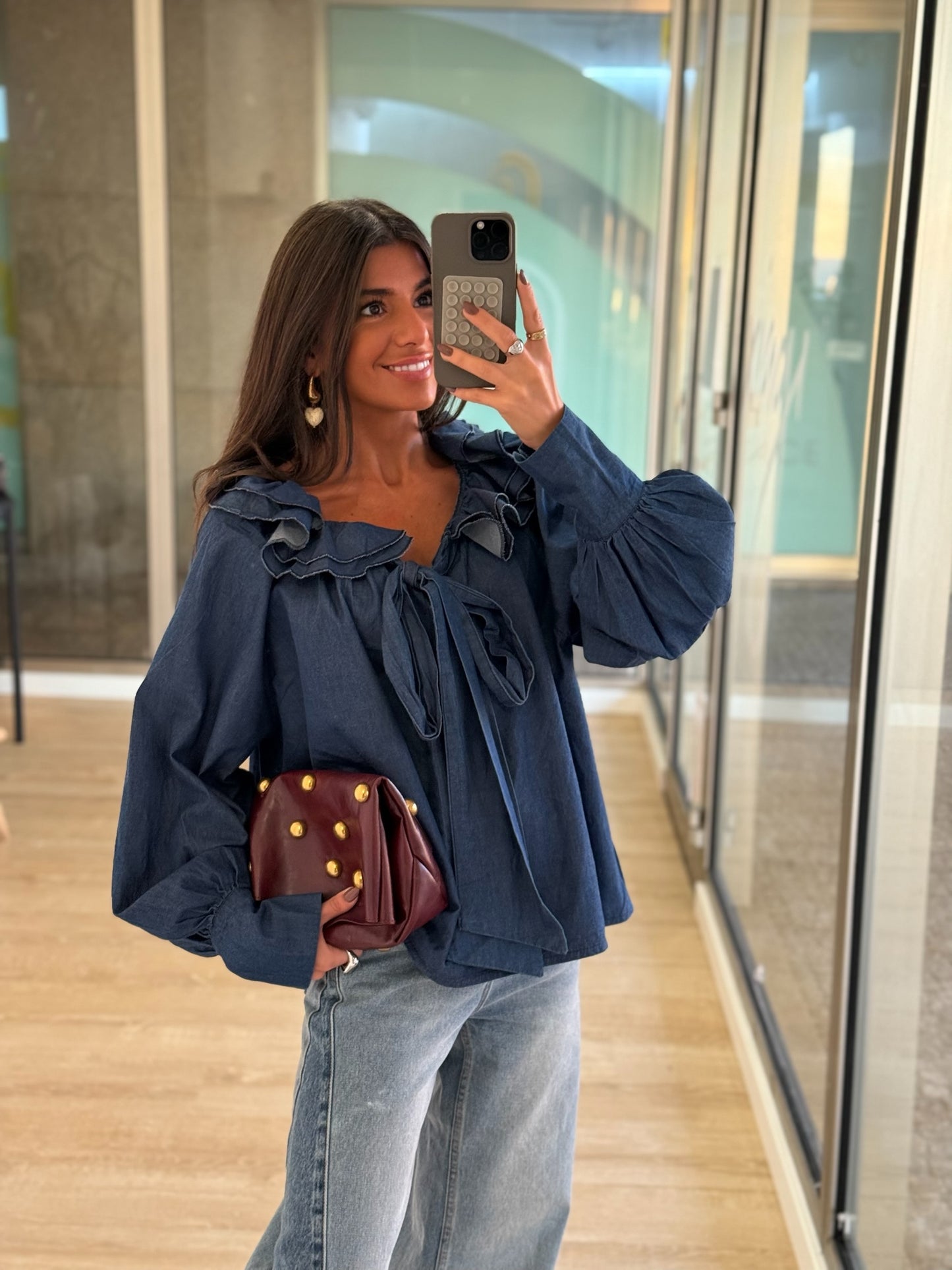 Soft Denim Ruffled Bow Blouse