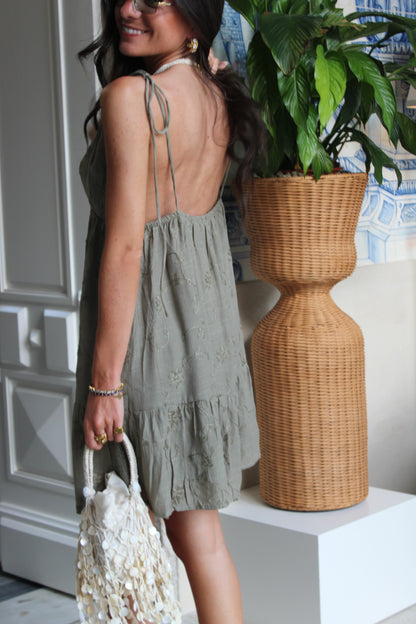 Boho Khaki Embroidered Dress
