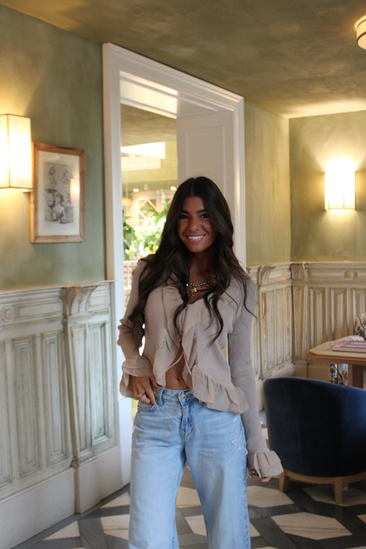 Beige Ruffle Trim Ribbed Blouse