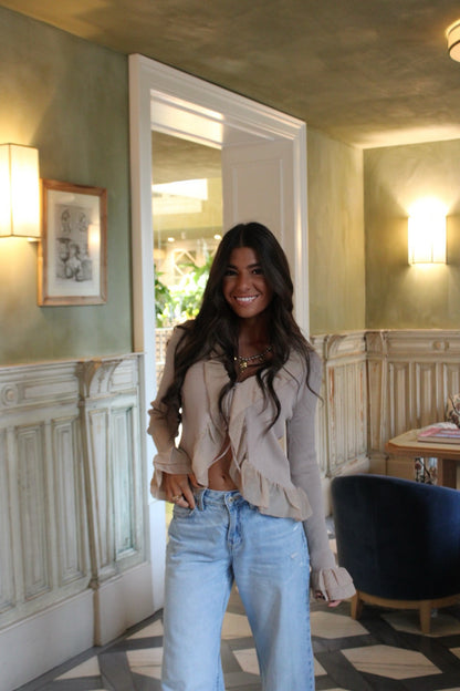 Beige Ruffle Trim Ribbed Blouse