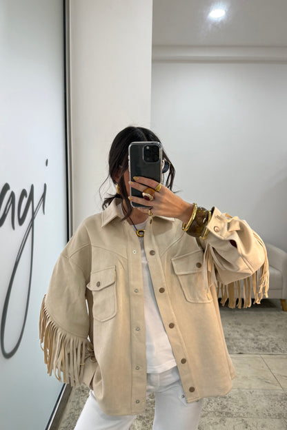 Fringed Suede-Effect Jacket in Off-White