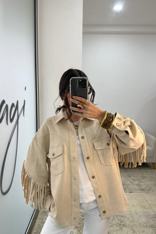Fringed Suede-Effect Jacket in Off-White