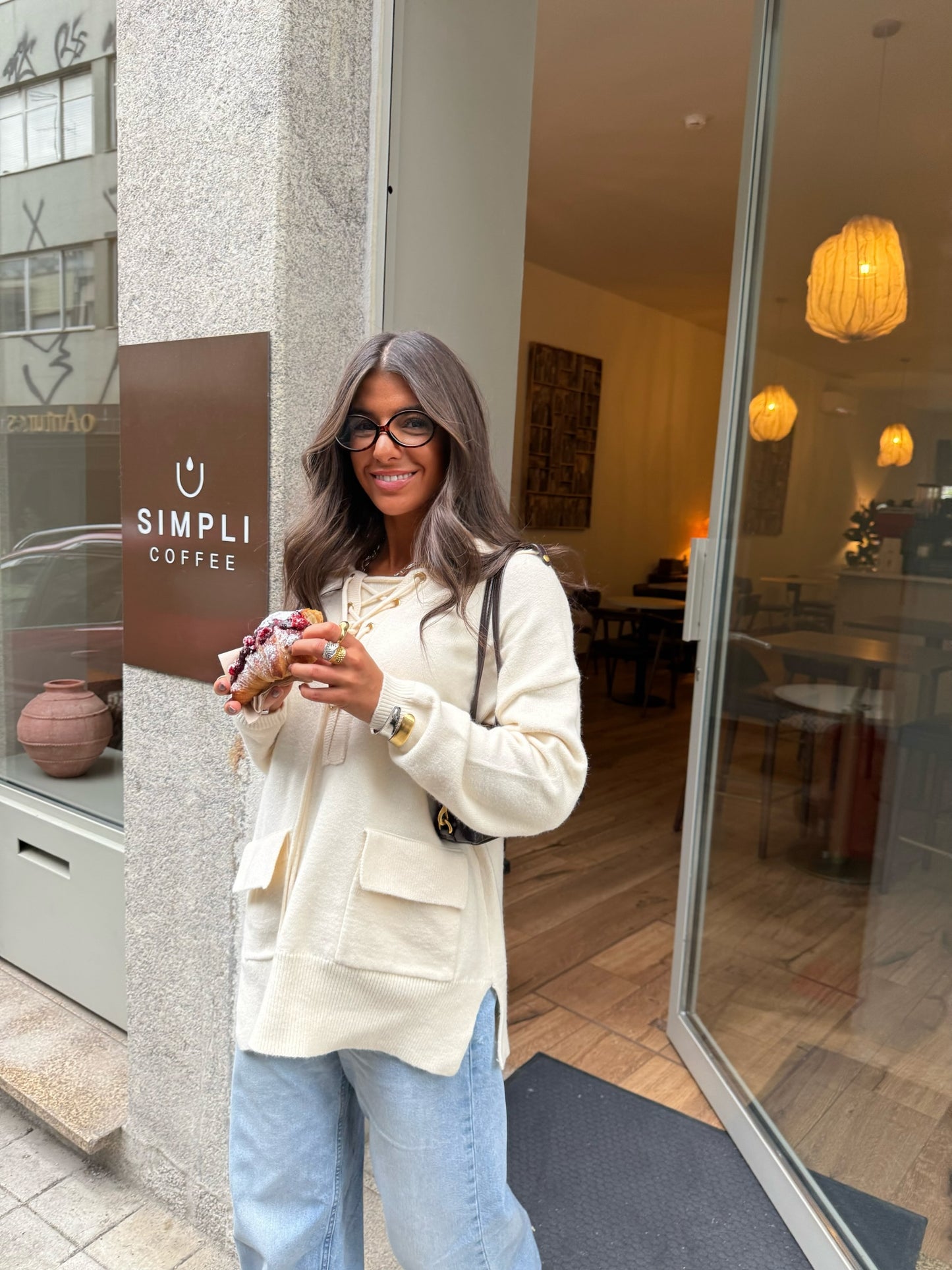 Ecru Knit Hoodie with Lace-Up Detail