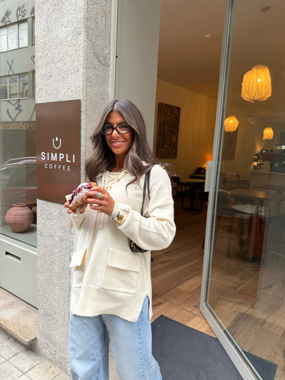 Ecru Knit Hoodie with Lace-Up Detail