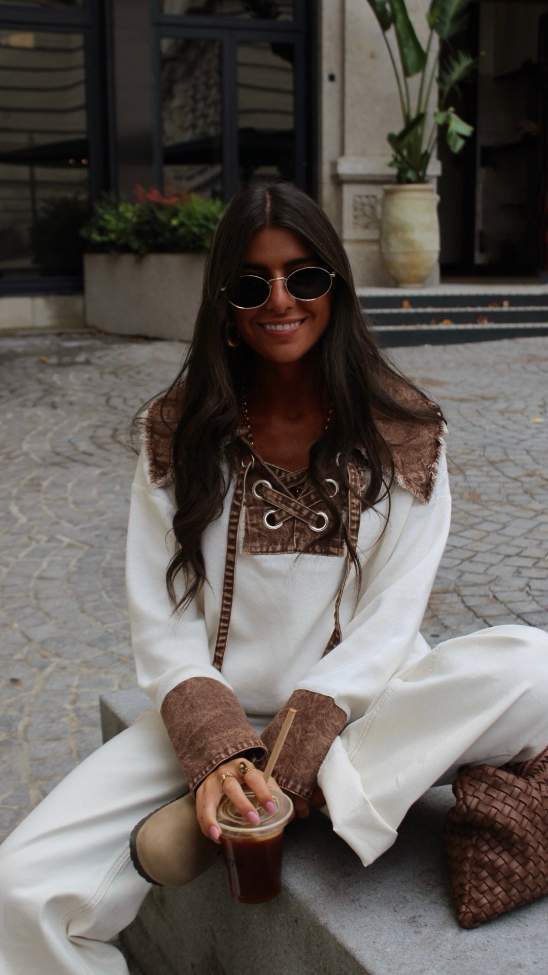 Lace-Up Knit & Denim Contrast Sweater in White & Brown