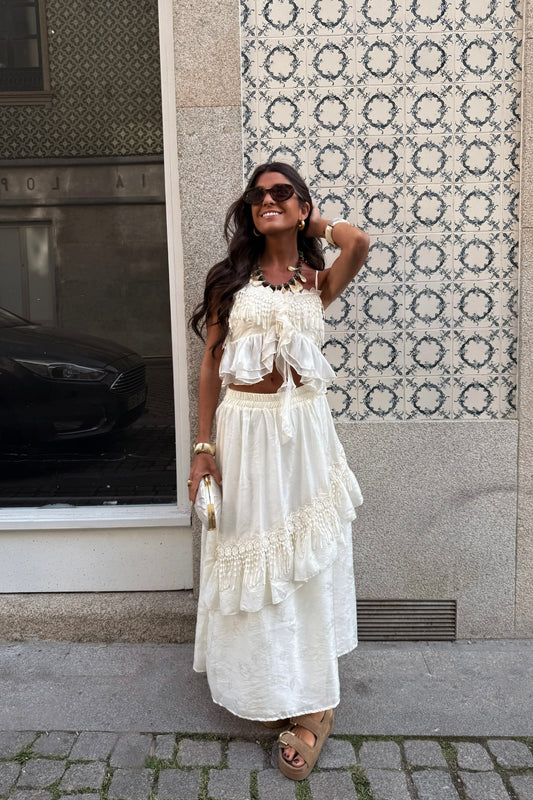 Two-Piece Cream Set: Crop Top and Lined Midi Skirt