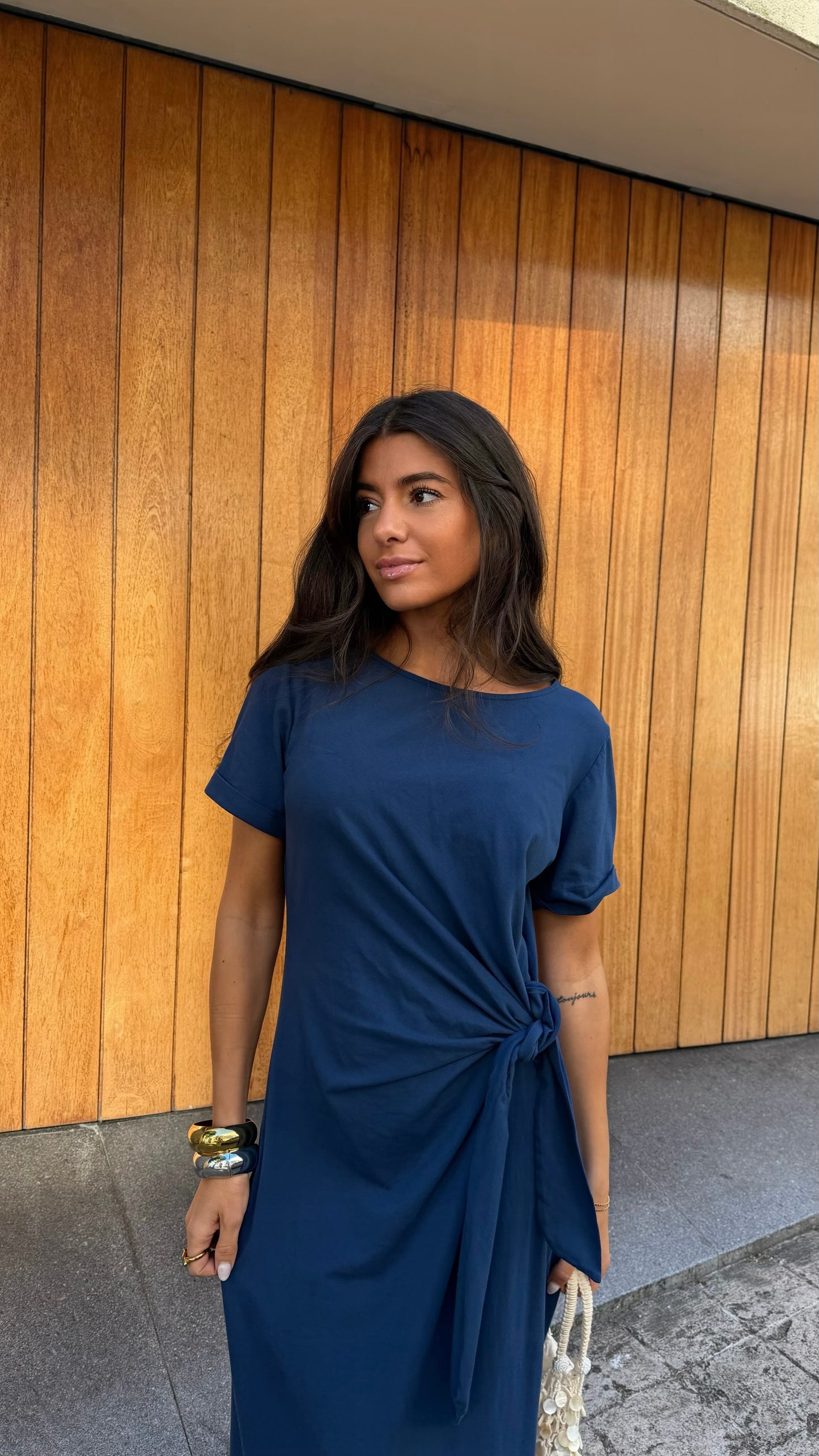 Long Dress with Side Knot in Navy