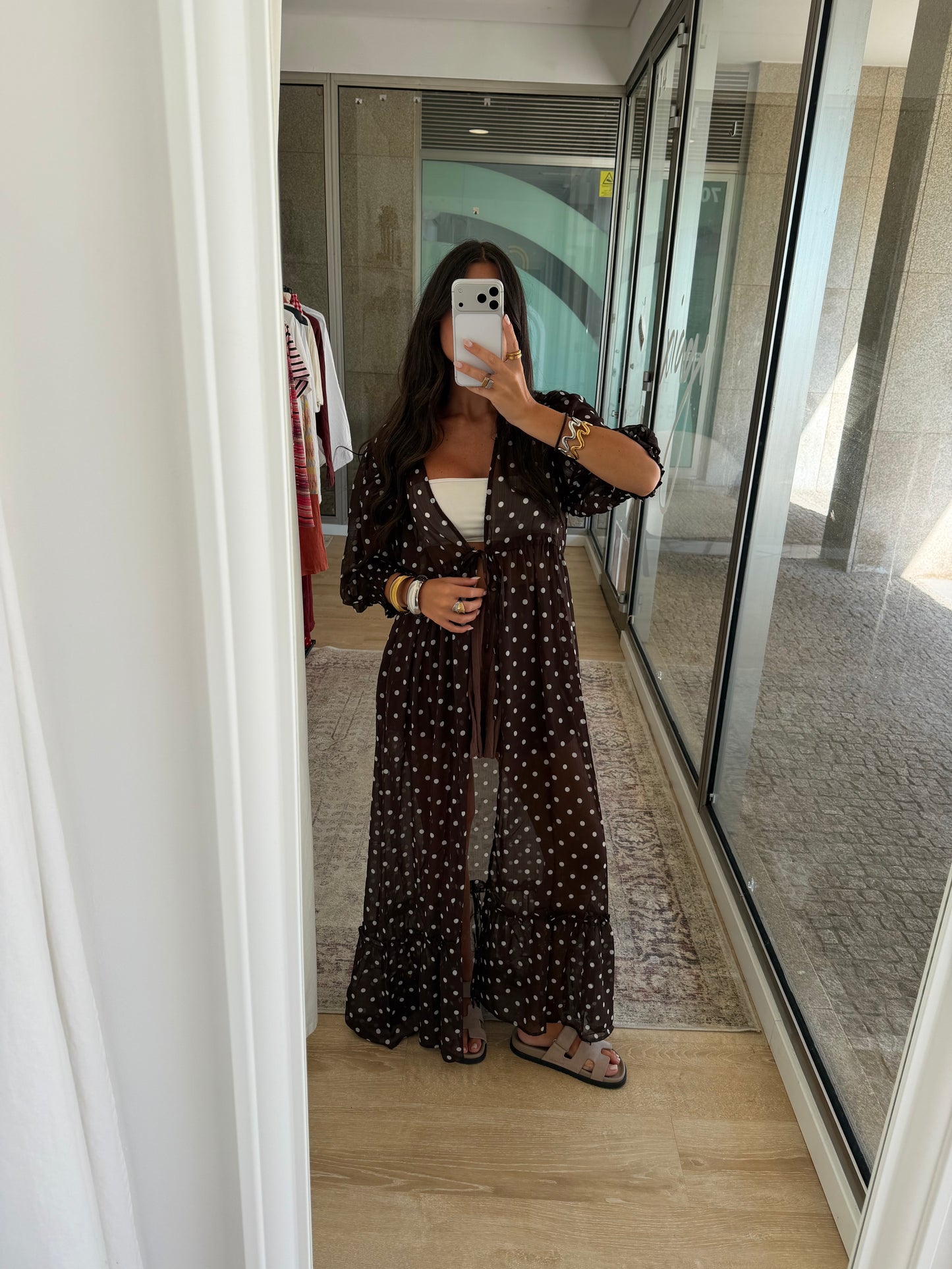 Polka Dot Sheer Maxi Kimono in Brown