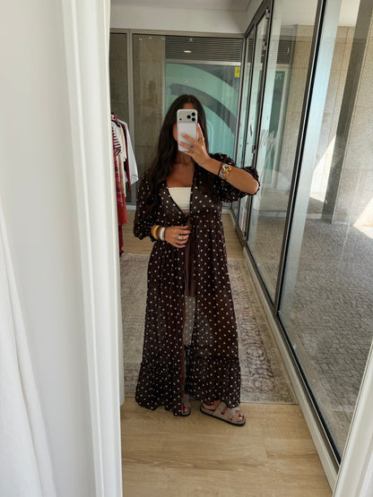 Polka Dot Sheer Maxi Kimono in Brown