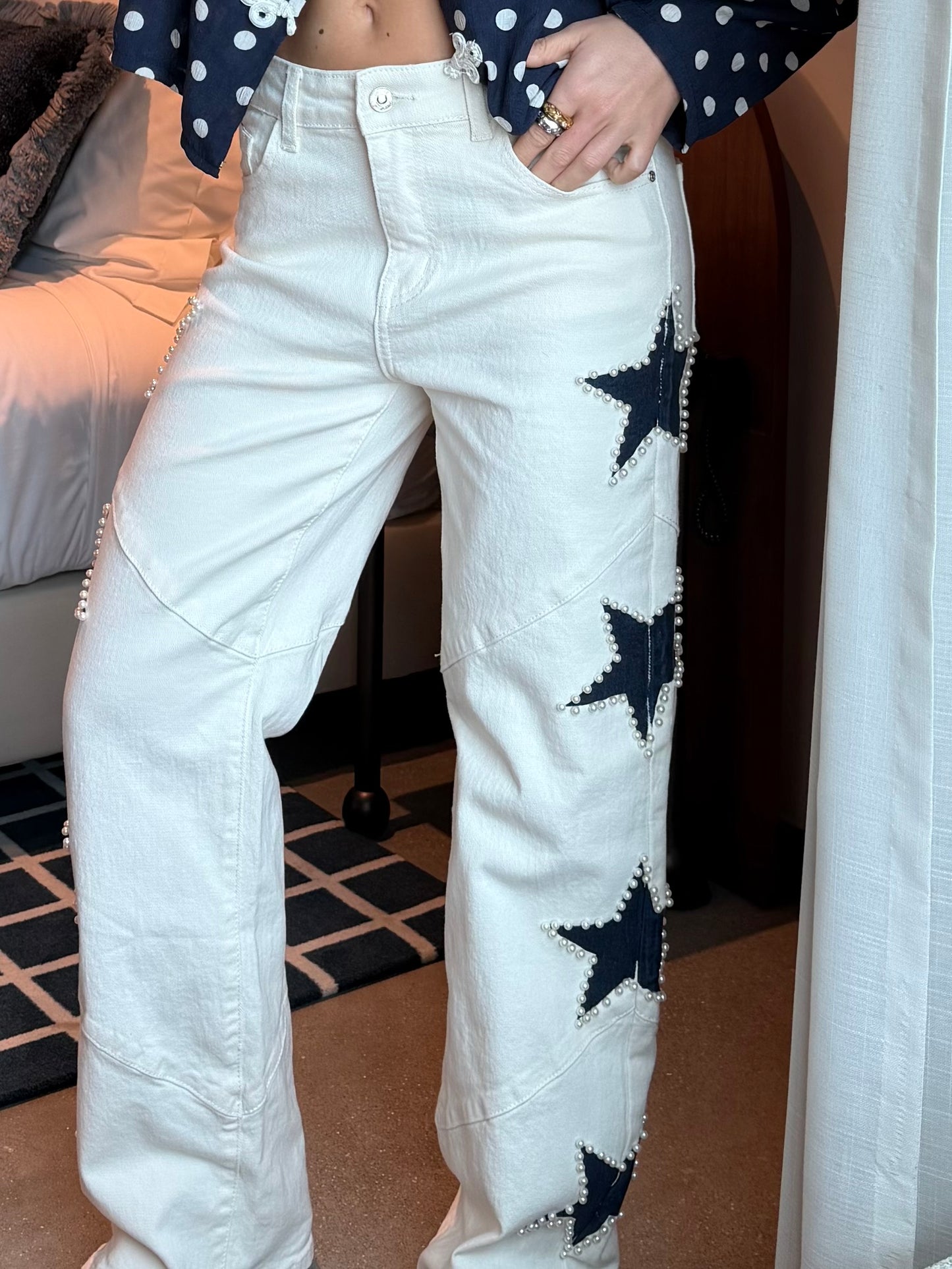Star Detail White Jeans