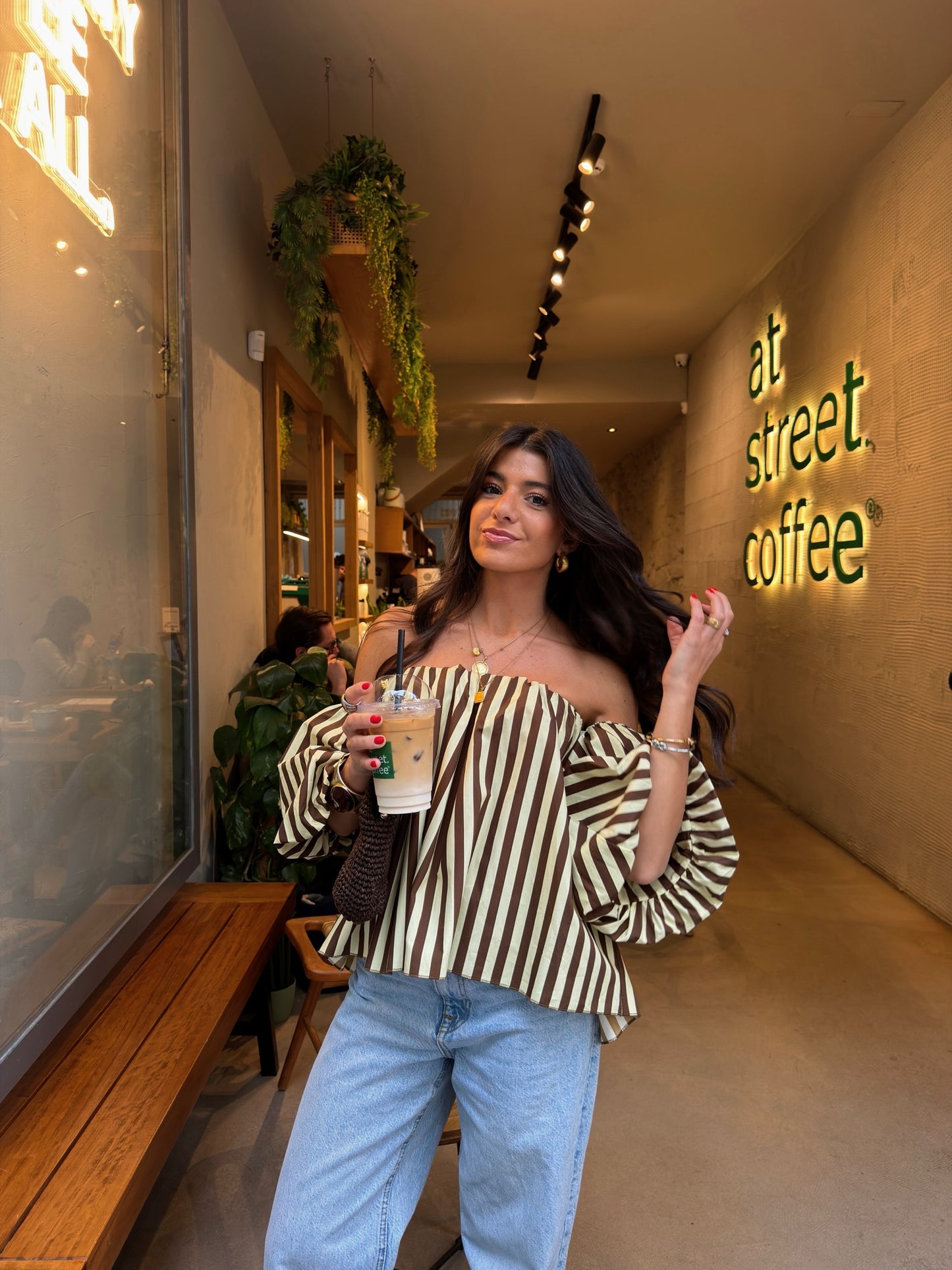 Honey & Mocha Striped Off-Shoulder Top