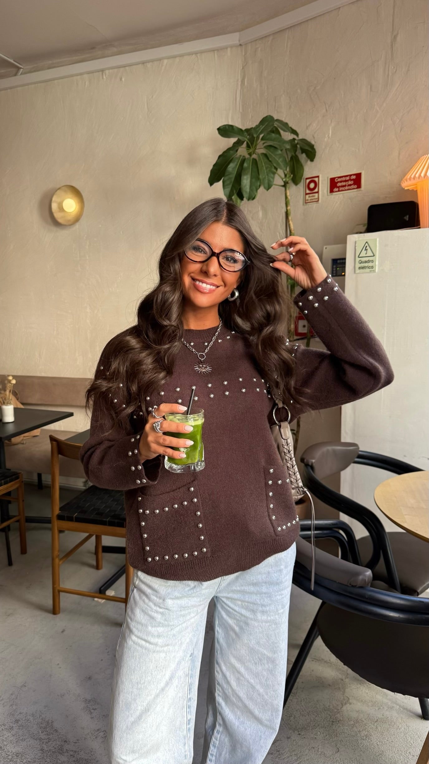 Chocolate Studded Knit Sweater