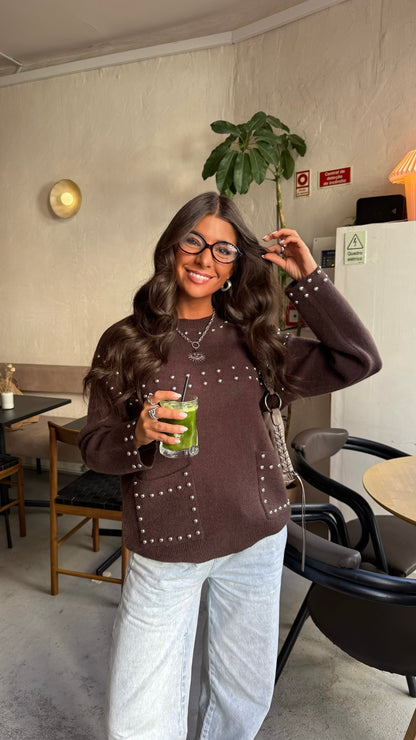 Chocolate Studded Knit Sweater