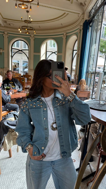 Soft Blue Denim Jacket with Bold Studs