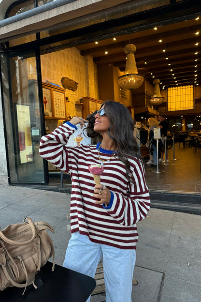 Burgundy & White Striped Mohair Sweater with Blue Details
