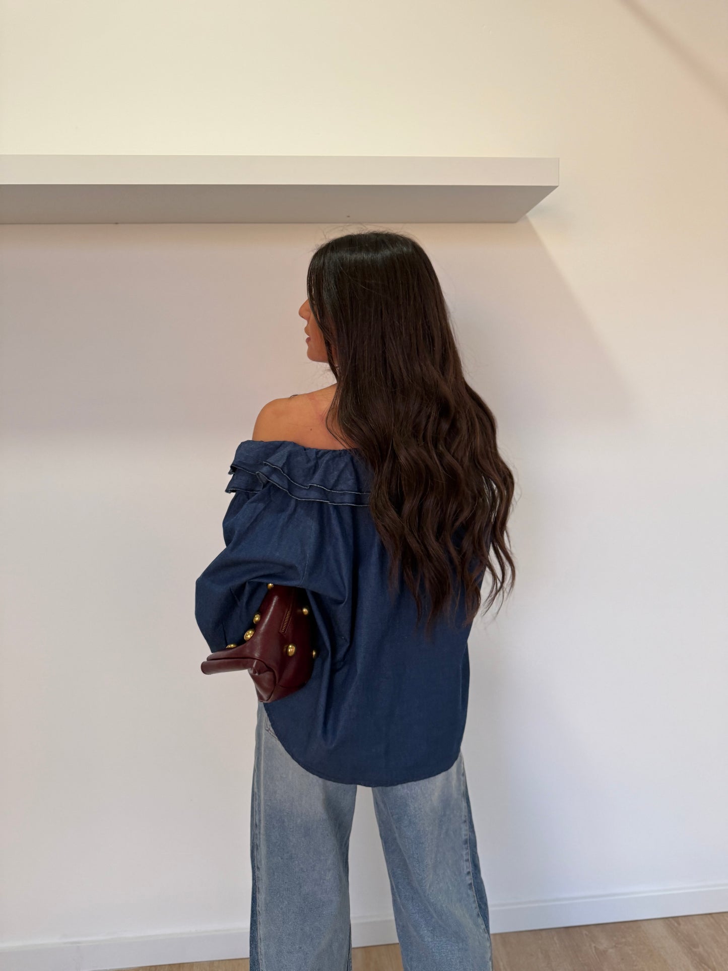 Soft Denim Ruffled Bow Blouse