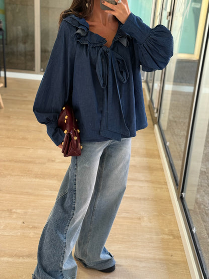 Soft Denim Ruffled Bow Blouse