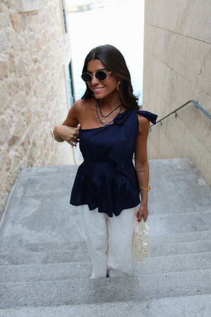 Asymmetrical Navy Top with Tie Detail