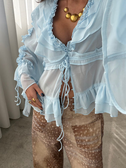 Ice Blue Sheer Ruffle Blouse