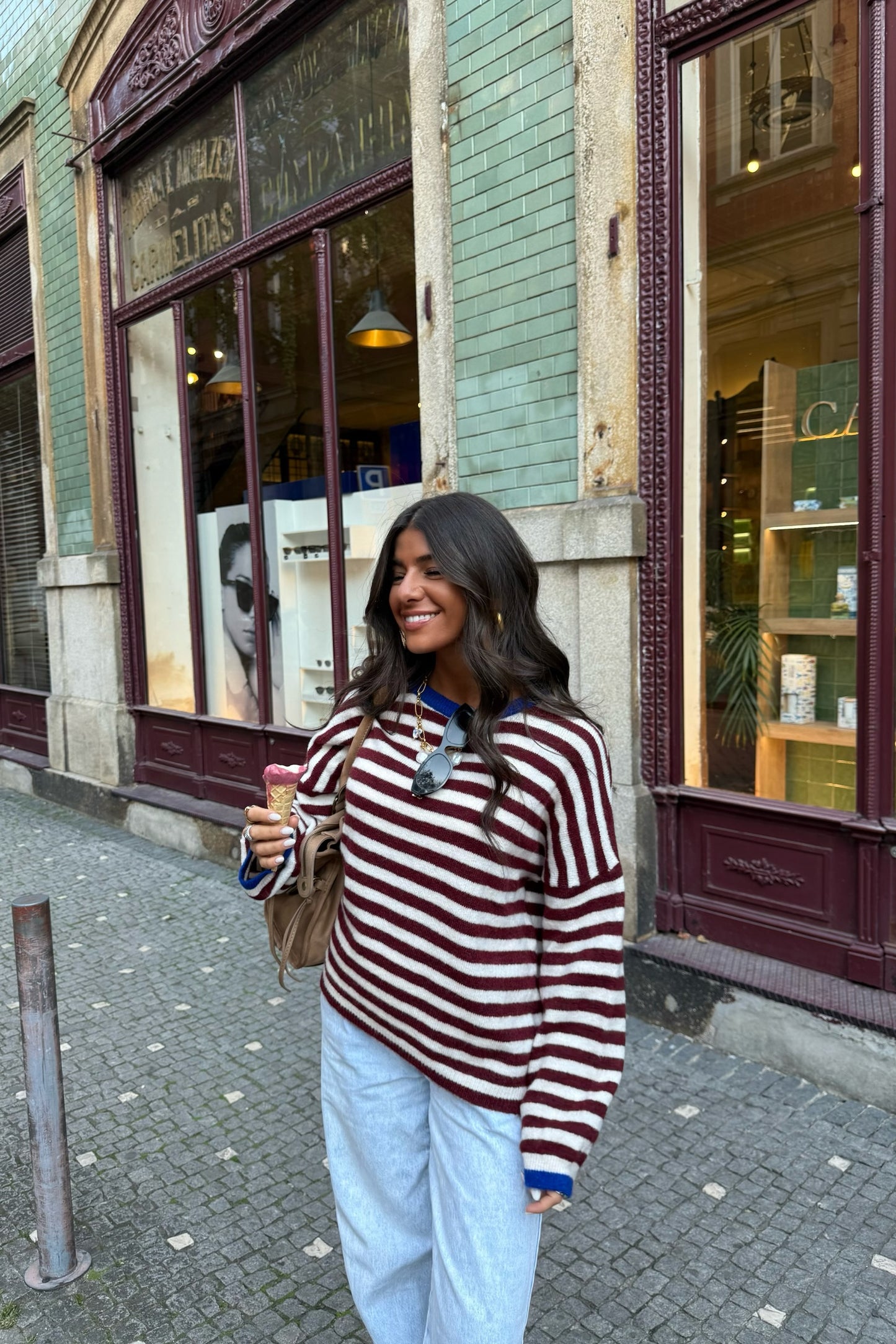 Burgundy & White Striped Mohair Sweater with Blue Details
