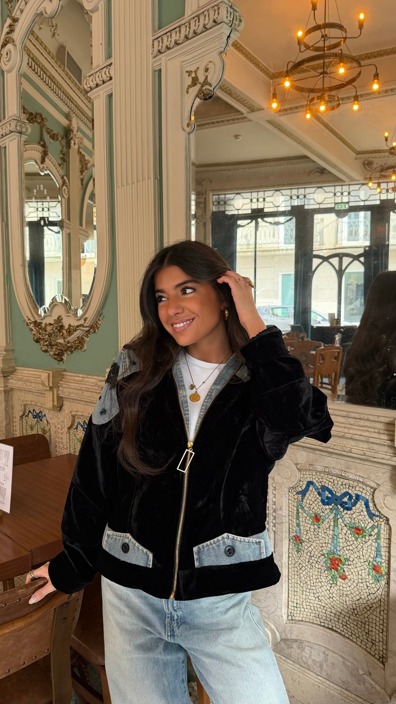 Black Velvet Jacket with Embroidered Denim Accents