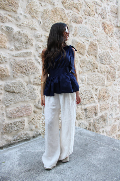 Asymmetrical Navy Top with Tie Detail