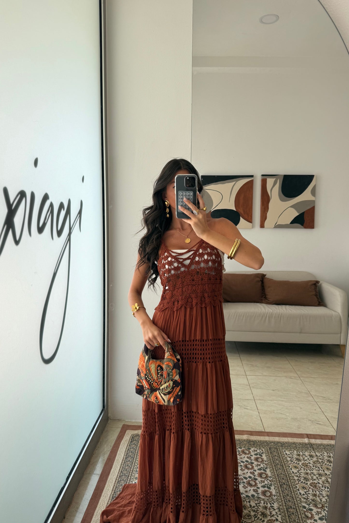 Crochet Trim Maxi Dress in Terracotta