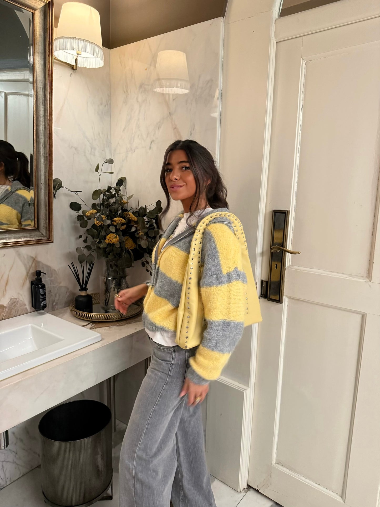 Yellow & Grey Striped Knit Zip Jacket