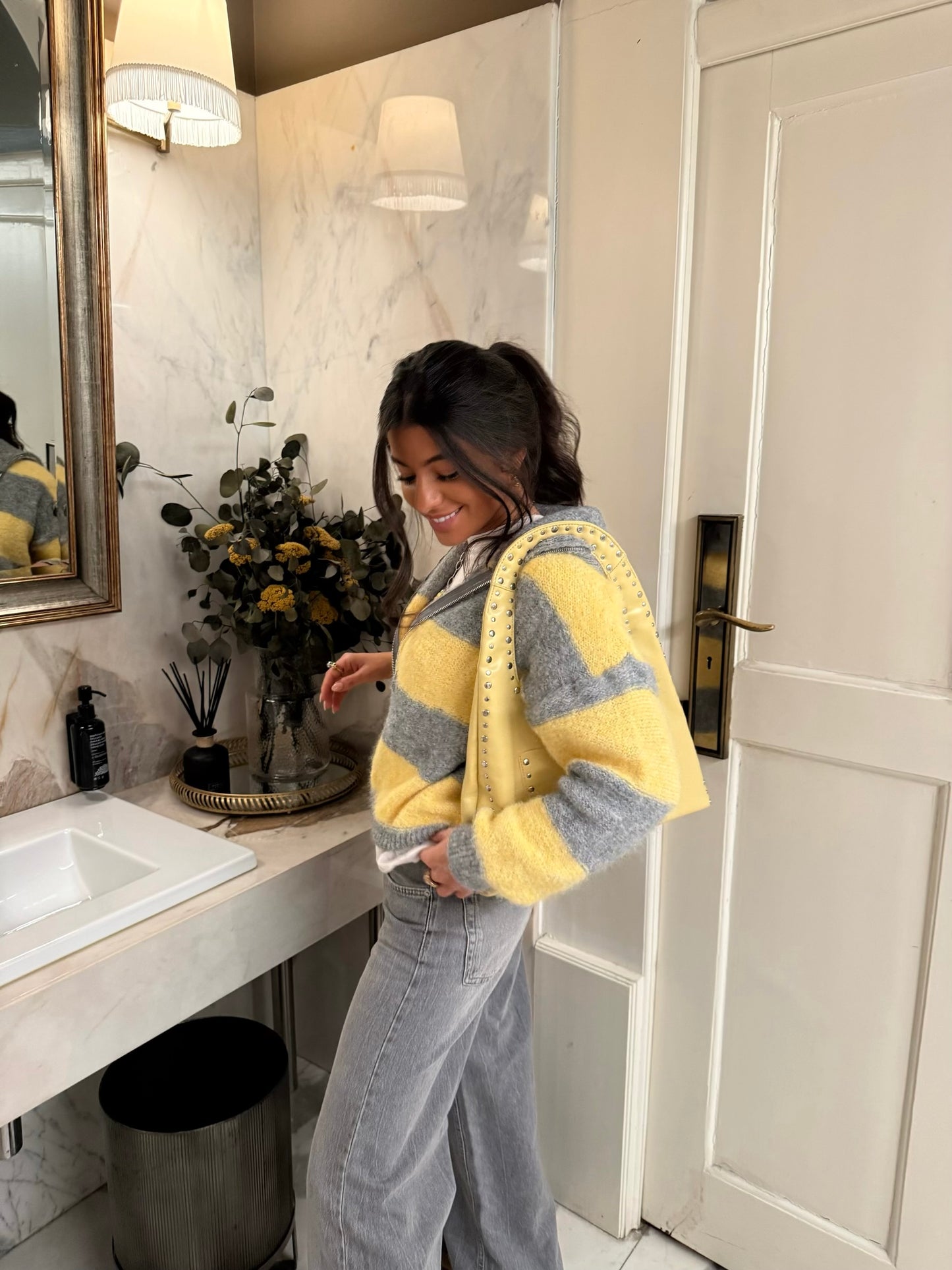 Yellow & Grey Striped Knit Zip Jacket