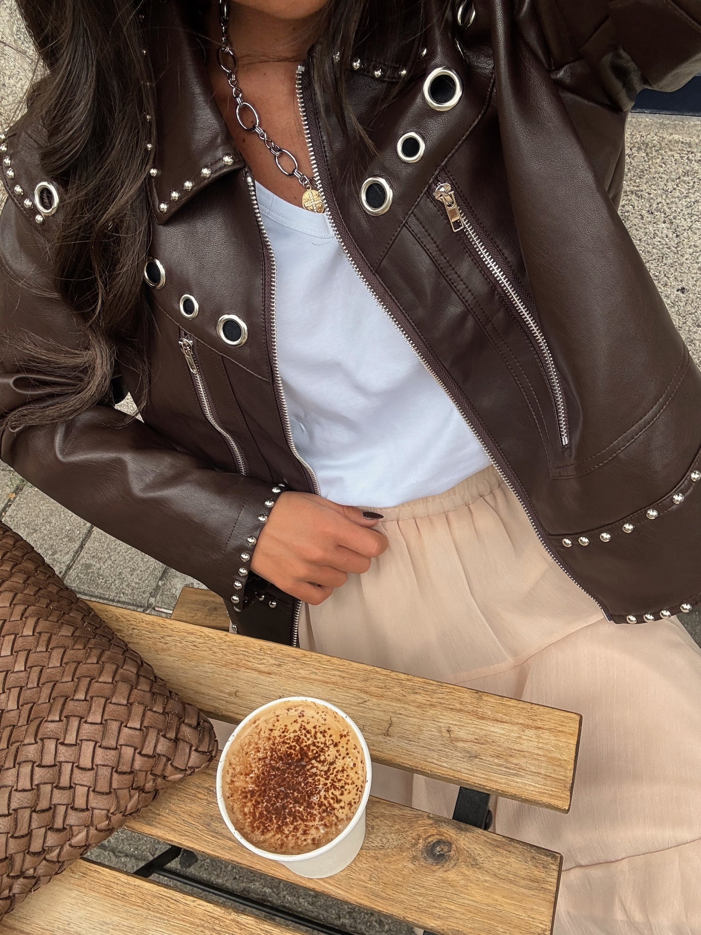 Studded Eyelet Jacket in Brown