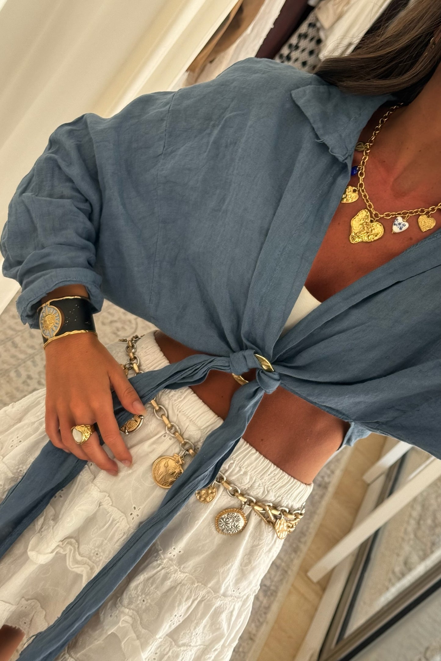Smoky Blue Linen Shirt with Gold Ring Detail
