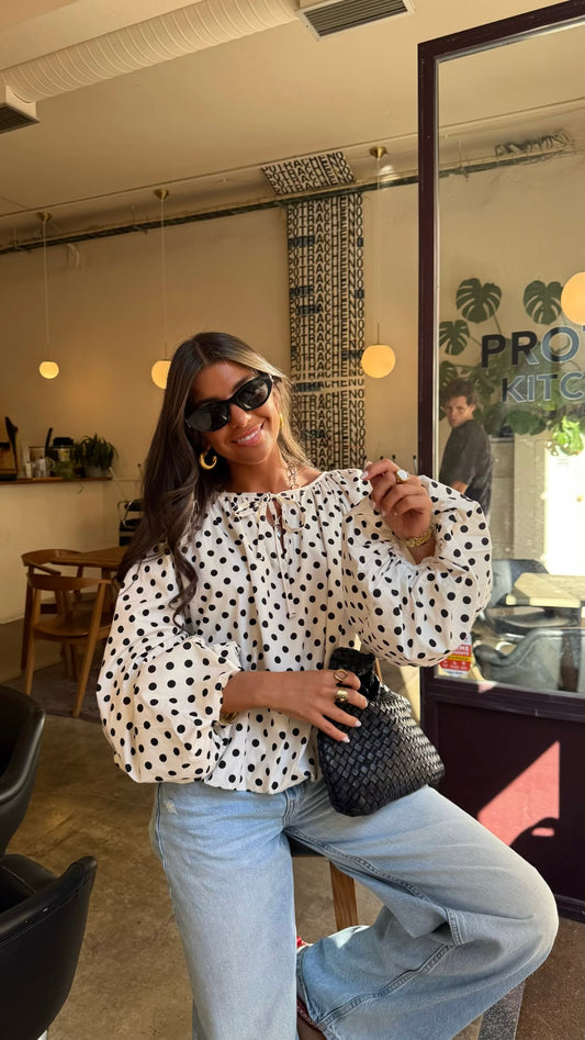 Polka Dot Balloon Blouse in White