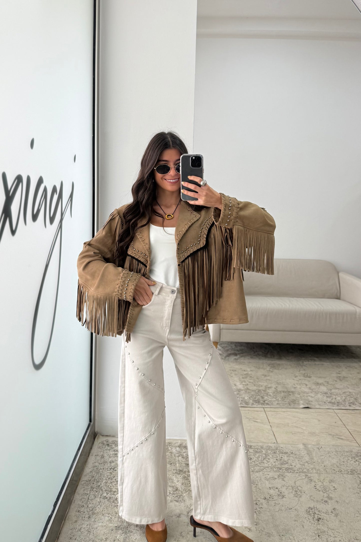 Suede-Effect Jacket with Fringe and Studded Details