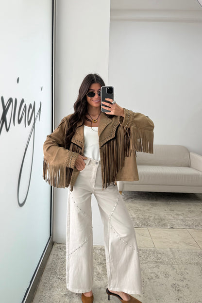 Suede-Effect Jacket with Fringe and Studded Details