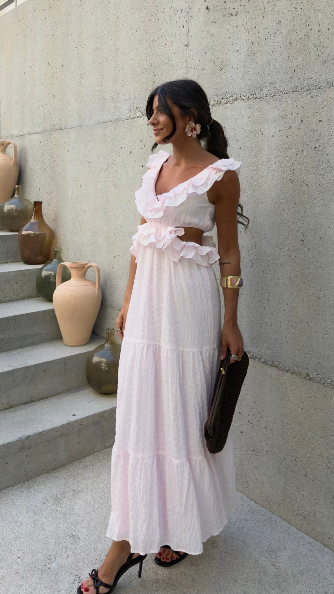 Baby Pink Ruffle Cut-Out Maxi Dress