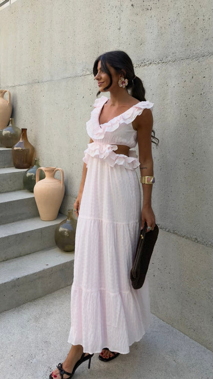 Baby Pink Ruffle Cut-Out Maxi Dress