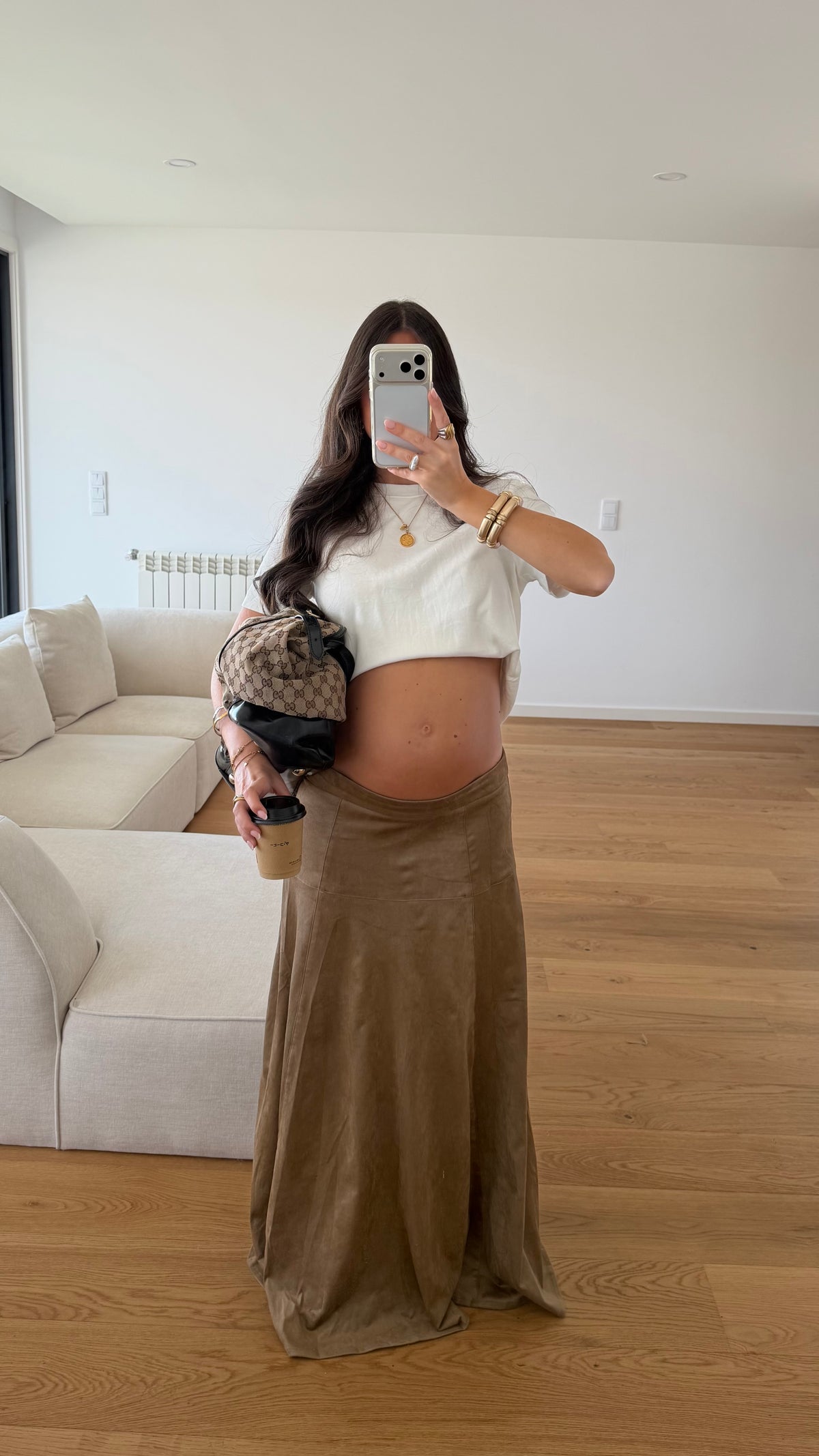 Beige Suede Effect Maxi Skirt