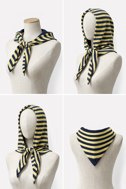 Striped Hooded Knit Scarf in Navy & Butter Yellow