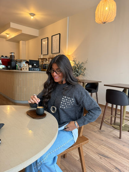 Dark Grey Stud-Detail Knit Sweater